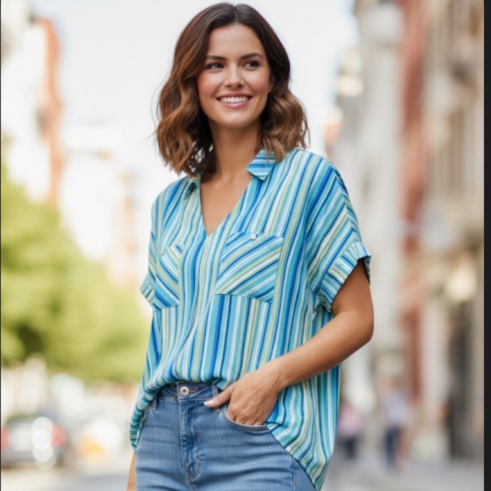 Adrienne Vittadini Striped V-Neck Blouse - NWOT - XL - Blue/Yellow/White